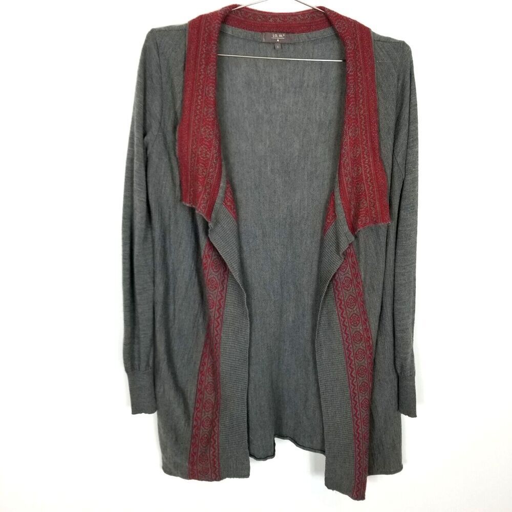 Lo Ri Women Wool‎ Blend Open Front Cardigan Sweater Sz L Gray Red Lagenlook